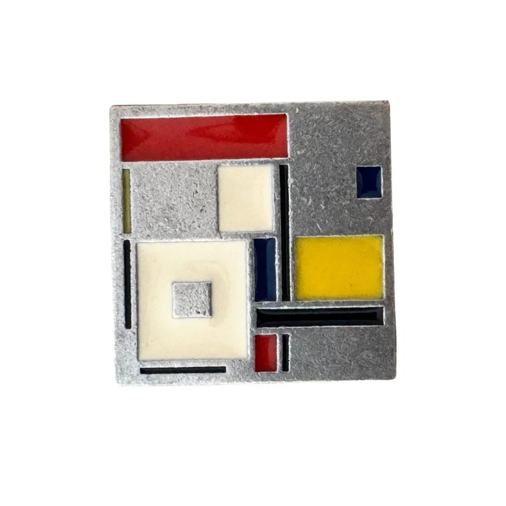Mondrian Inspired Enamel Square Brooch Pin Red Blue Yellow White Ahlers Designs